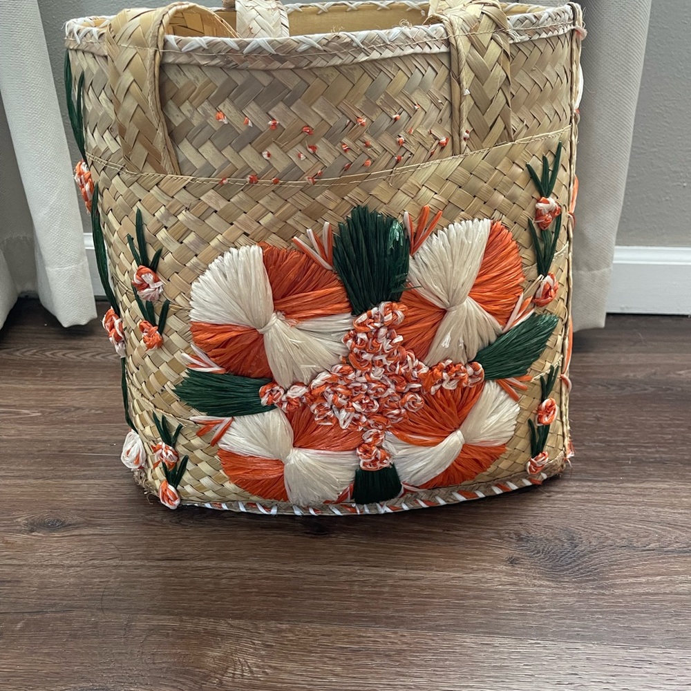 Handwoven Straw Beach Tote with Orange, Cream & Green Embroidery